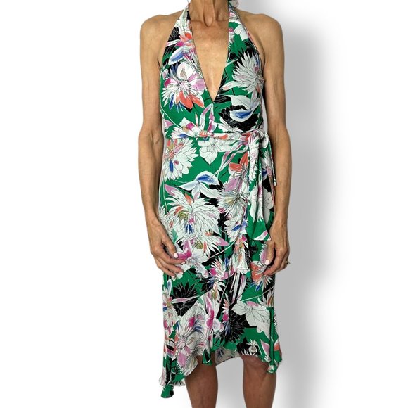 NWT Parker Addie Floral Halter, Front Faux Wrap Tie Skirt Green Midi Dress, Sz 2 - Picture 1 of 7